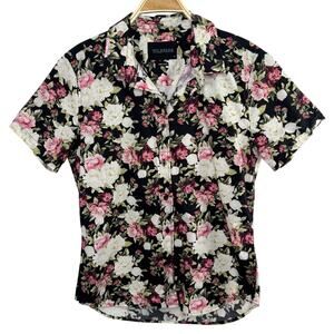 Wildfang Short Sleeve Button Up Shirt Women Medium Black Floral Casual Cotton